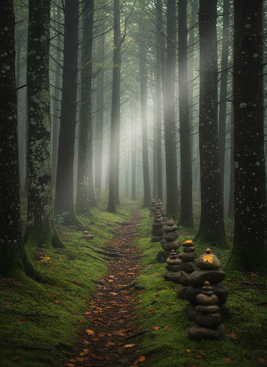 A narrow forest path, barely more than a suggestion through moss and fallen leaves, winds between tall, dark tree trunks streaked with lichen. Along the right side of the path, small stone cairns of different heights appear intermittently, each one carefully balanced, some with a single leaf or acorn resting on top. Mist hangs low among the trees, softening the distance and catching pale shafts of overcast light from an unseen opening in the canopy. Photographic realism with a slightly wide-angle lens, composed using leading lines guiding the eye deeper into the frame. The mood is hushed and otherworldly, a gentle invitation to follow intuition into the unknown, with cool, muted greens and grays giving a sophisticated, meditative tone.
