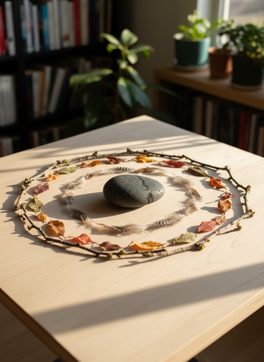 A smooth river stone, worn almost oval and the color of wet charcoal, rests at the exact center of a low wooden table made from pale, unfinished ash. Around it, three loose circles of dried autumn leaves, feathers, and small twigs form an understated mandala, each object slightly imperfect and unique. Late afternoon light filters through a nearby window, creating soft, elongated shadows and a gentle highlight along the stone’s curved surface. The background is softly out of focus, revealing only hints of bookshelves and plants. Photographic realism, shot at eye level with a shallow depth of field, composed with quiet negative space. The mood is contemplative, serene, and slightly mysterious, evoking Tao, psyche, and intuition without using any symbols directly.